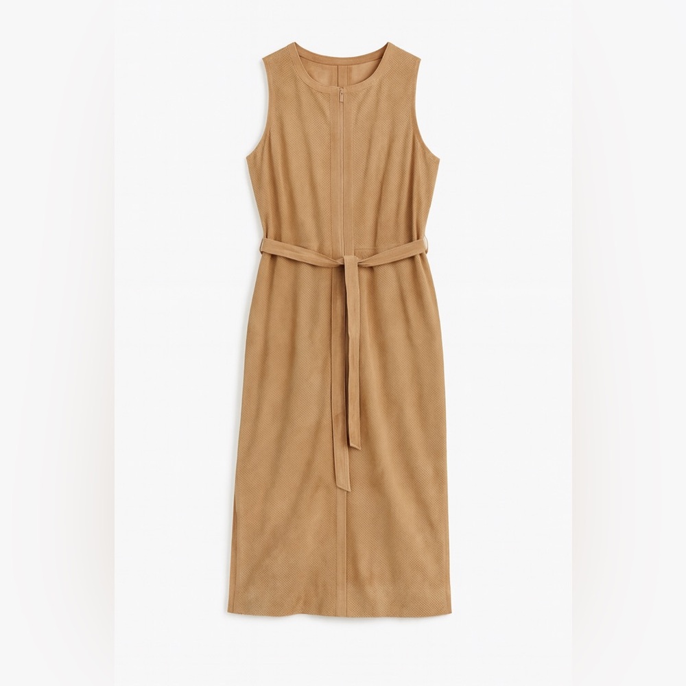 Ecru Perforated Leather Midi Dress Tan Sleeveless Minimalist Size 6